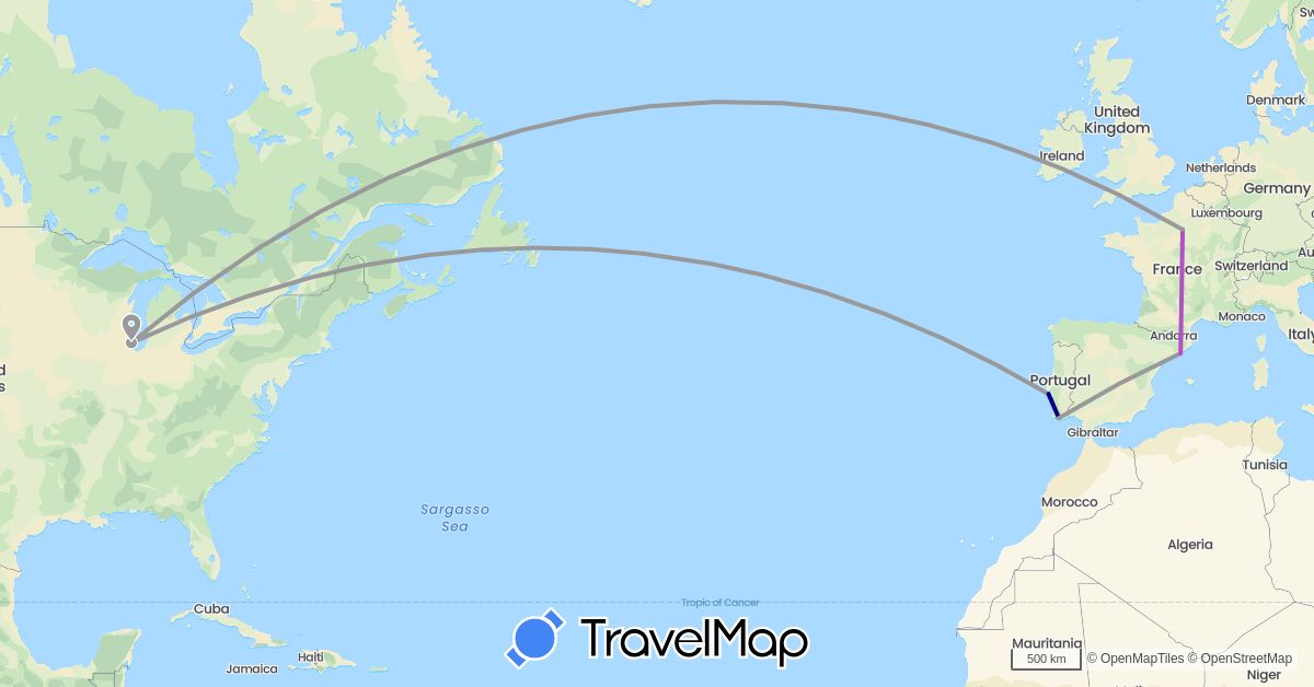 TravelMap itinerary: driving, plane, train in Spain, France, Portugal, United States (Europe, North America)